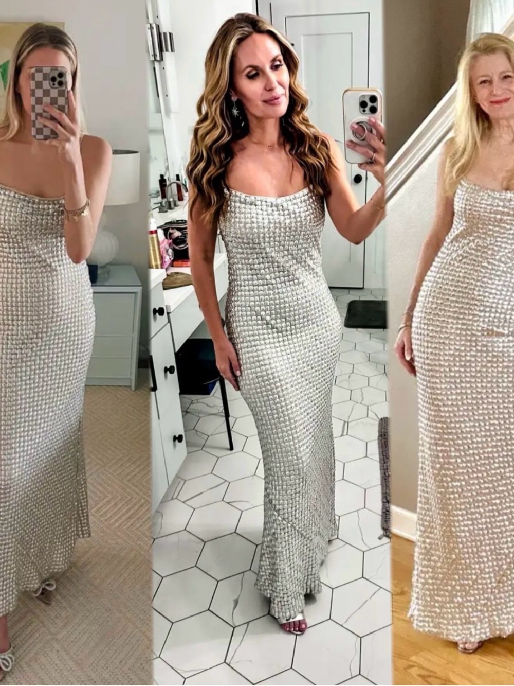 RHODE Platinum Jemima Dress Elegant Silver Sequin Maxi Dress -  Sz 6